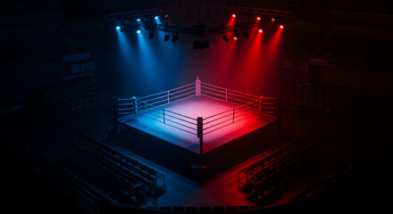 aerial view of an empty boxing ring blue and red color light team