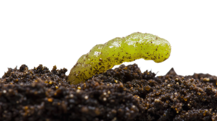 Close-up of bright green seedlings growing from fertile soil on transparent background. PNG