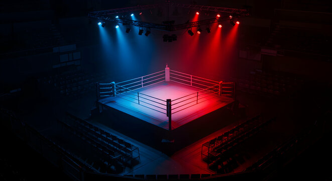 aerial view of an empty boxing ring blue and red color light team