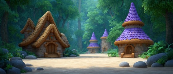 Fototapeta premium Enchanted forest with whimsical cottages surrounded by lush greenery and vibrant flowers capturing the magic of nature and the charm of fantasy home settings in a serene woodland landscape