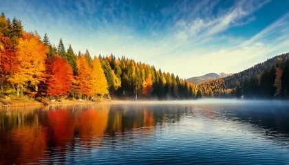 Fototapeta premium Espectacular amanecer en un lago de montaña con niebla y árboles otoñales