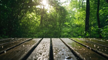 Fototapeta premium Wooden deck in a lush forest during a summer shower.