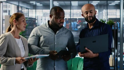 Diverse business CEOs meeting to discuss a new partnership between international firms, analyzing performance metrics and insights before decision making activities. Forecast. Camera B.