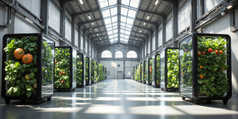 Symbiotic Food Systems Laboratory Former warehouse showcasing circular food production models where waste from one process becomes input for another.