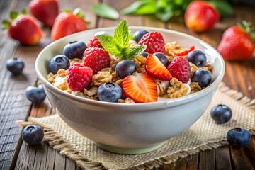 Bowl with cereal and fruit for a healthy balanced breakfast meal