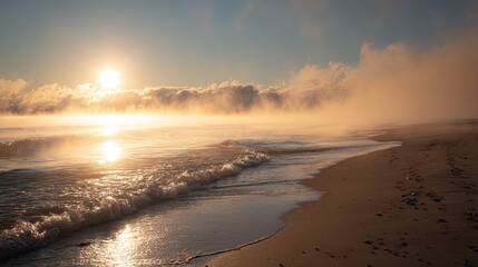 Serene Beach Morning with Mist and Golden Light. Calm waves, gentle mist rising from the water, tranquil sunrise atmosphere.