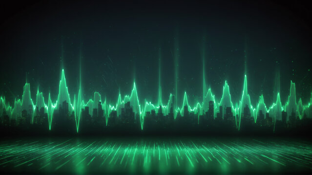 Abstract green audio waveform over dark city skyline silhouette
