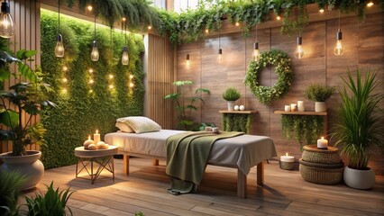 Obraz premium Serene Indoor Oasis Tranquil Spa Setting with Lush Greenery, Warm Lighting, and Relaxing Ambiance