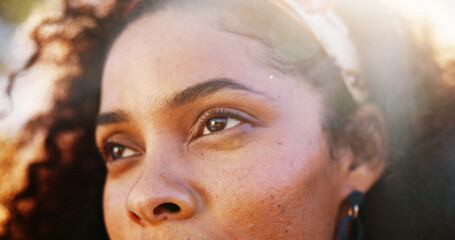 Future, hope and vision with eyes of woman closeup outdoor for thoughtful contemplation....