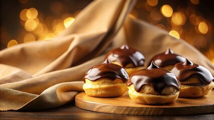 Delicious Chocolate-Covered Cream Puffs on Wooden Board with Golden Background