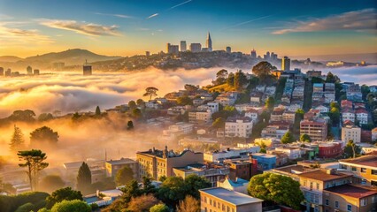 Naklejka premium Golden Sunrise Illuminates Hillside Homes Enveloped in Morning Mist, a Breathtaking Urban Panorama
