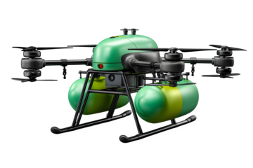 Agricultural spraying drone with liquid tanks and wide rotors, side-view for farm tech use, isolated to transparent background