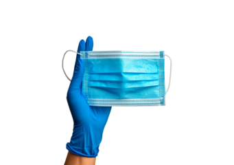 Hand holding a blue medical mask isolated on transparent background