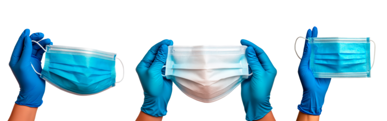 Set of hands holding a blue medical mask isolated on transparent background