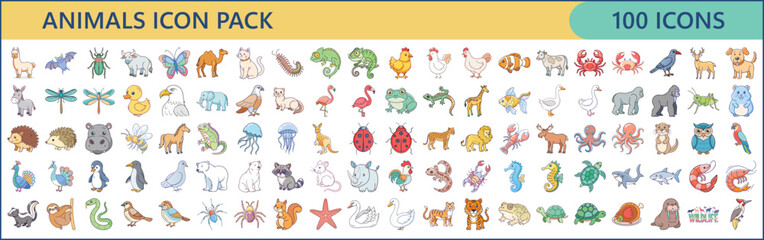 Diverse animal icons pack with vector illustrations of various wildlife species