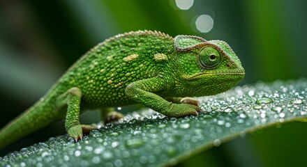 Fototapeta premium Close-up view of a vibrant green chameleon on a leaf.