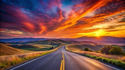 Naklejka premium A Scenic Asphalt Road Winding Through Rolling Hills Under a Vibrant Sunset Sky