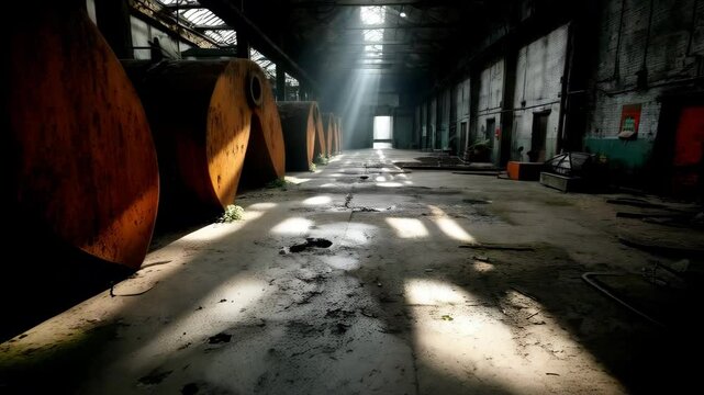 Abandoned Industrial Space with Sunlight and Overgrown Details