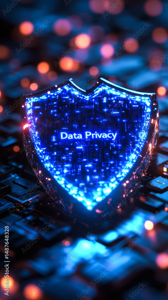 Poster data privacy shield protecting personal information from cyber threats and binary code