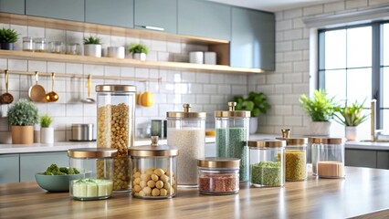 Modern Kitchen Organization Glass Canisters with Gold Accents Filled with Assorted Dry Goods on a Light Wood Countertop