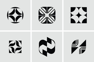 Six modern geometric abstract designs showcasing black shapes on a transparent white background