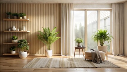 Fototapeta premium Serene minimalist living room interior design showcasing natural elements, featuring a wooden slat wall, potted plants, and a neutral color palette for a calming atmosphere