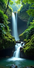 Waterfall cascading through lush green forest
