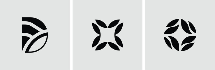 Three minimalist abstract logos of modern design with leaf shapes for branding