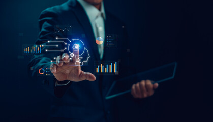 Artificial intelligence technology AI and chatbot concept,Businessman tapping on smart robot show use of create command to analyze data, virtual assistant in work process to make business efficient
