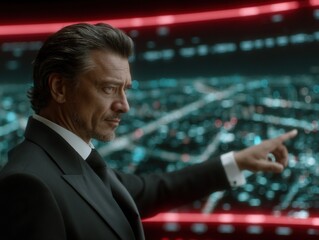 Sophisticated businessman in formal attire pointing confidently at dynamic futuristic city skyline illuminated by vibrant lights and advanced technology, embodying modern professionalism and