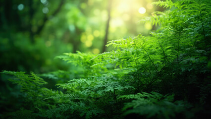 Lush green ferns illuminated by sunlight in a dense forest evoking tranquility and nature's beauty