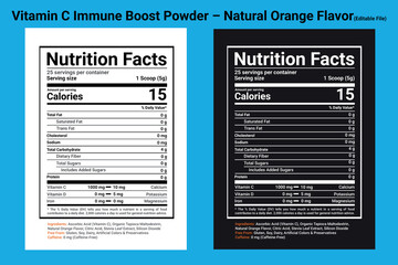 Nutrition facts, Nutrition facts template, Editable nutrition label template, Vitamin C Immune Boost Powder – Natural Orange Flavor, Nutrition Facts Vector Template, With Clean Modern Design