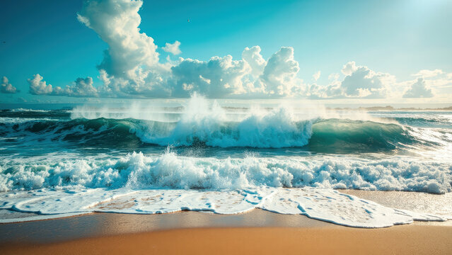 Captivating ocean waves rolling towards the shore under a vibrant blue sky with fluffy white clouds creating a beautiful seascape scene.