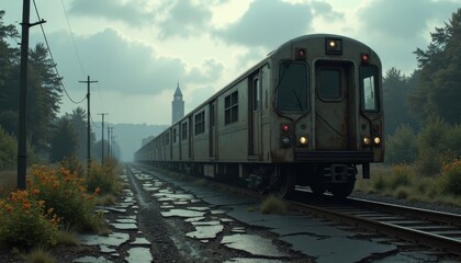 Fototapeta premium Old Train on Rural Railway Track During Cloudy Day