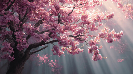 Dreamy pink cherry blossom tree, soft sun rays, spring fantasy style
