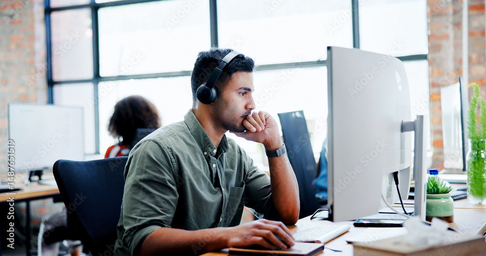 Aufkleber computer, music and thinking with business man at desk in office for planning or problem solving. he