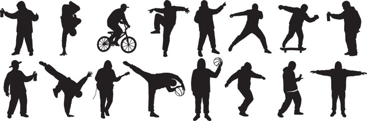 Silhouette vector art of people doing sports and street activities urban lifestyle design elements