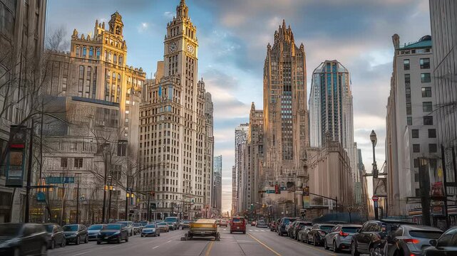 Michigan avenue in chicago with historic buildings and modern skyscrapers under blue sky, famous urban boulevard in illinois