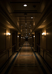 Long, dark hotel corridor