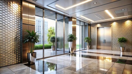 Modern Building Lobby Interior Design with Reflective Floors and Elegant Metal Accents