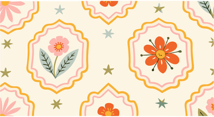 Whimsical floral pattern with scalloped frames. A cheerful and vibrant seamless pattern featuring stylized flowers in shades of pink and orange, set against a light beige background.