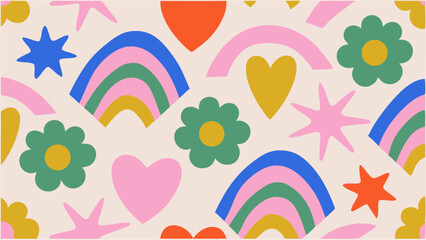 Playful, colorful pattern with hearts, rainbows, flowers and stars. A cheerful and vibrant pattern featuring various abstract shapes—hearts, rainbows, flowers, and stars—in a mix of bold.