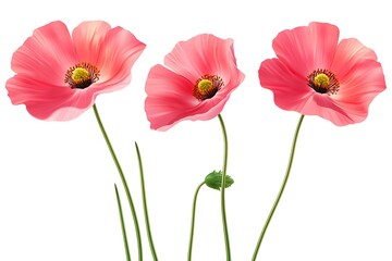 Obraz premium Trio of Pink Poppy Flowers Isolated on White Background, Realistic Floral Still Life