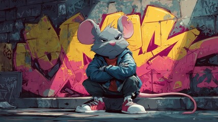 Urban graffiti backdrop for a seated rodent.