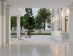 3d rendering of neoclassical villa, exterior design with Landscaped Grounds