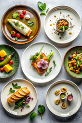 Gourmet fine dining dishes arranged in flat lay for upscale food styling