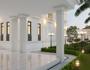 3d rendering of neoclassical villa, exterior design with Landscaped Grounds