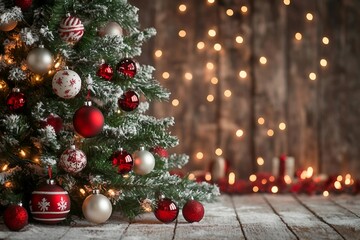 Christmas tree with red and white baubles and lights against an old wood background with blank copy space
