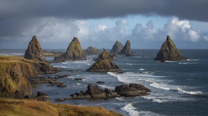 Dramatic Rugged Shoreline with Jagged Rocks and Powerful Waves Under a Contrasting Sky