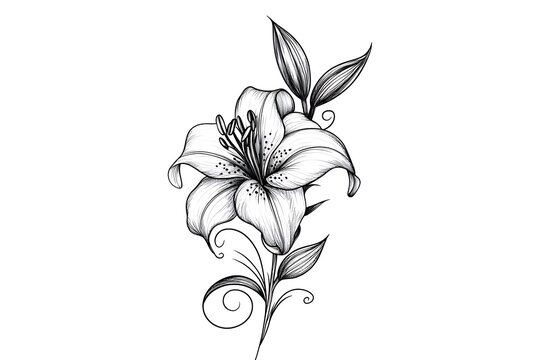 Fototapeta Detailed Lily Flower Ink Drawing Floral Botanical with Black Lines